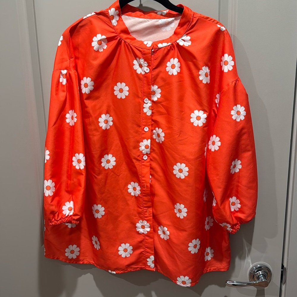 Bright Orange Daisy Print Button Up Blouse
